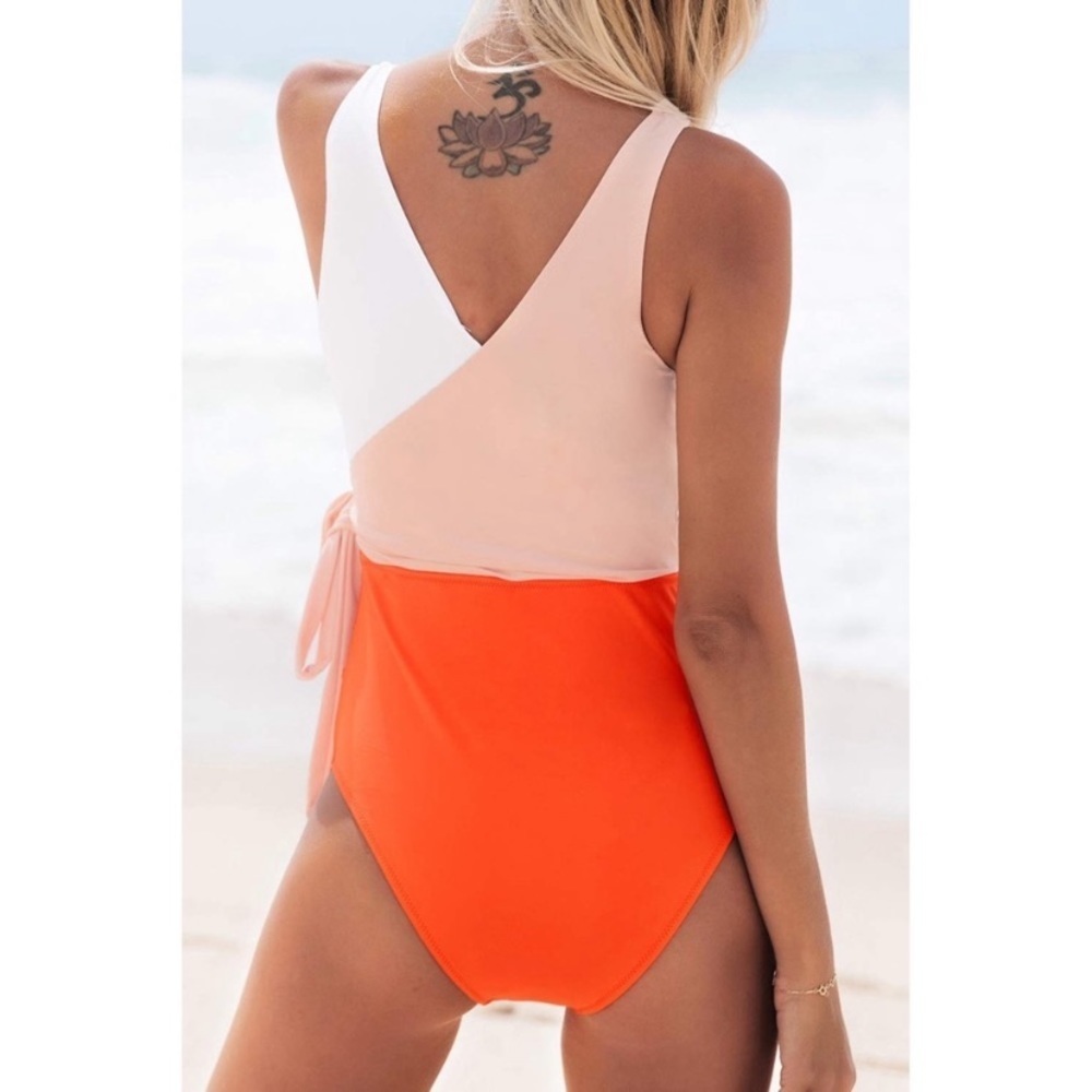 Cupshe Orange Colorblock V Neck One Piece Swimsuit - Picture 2 of 9